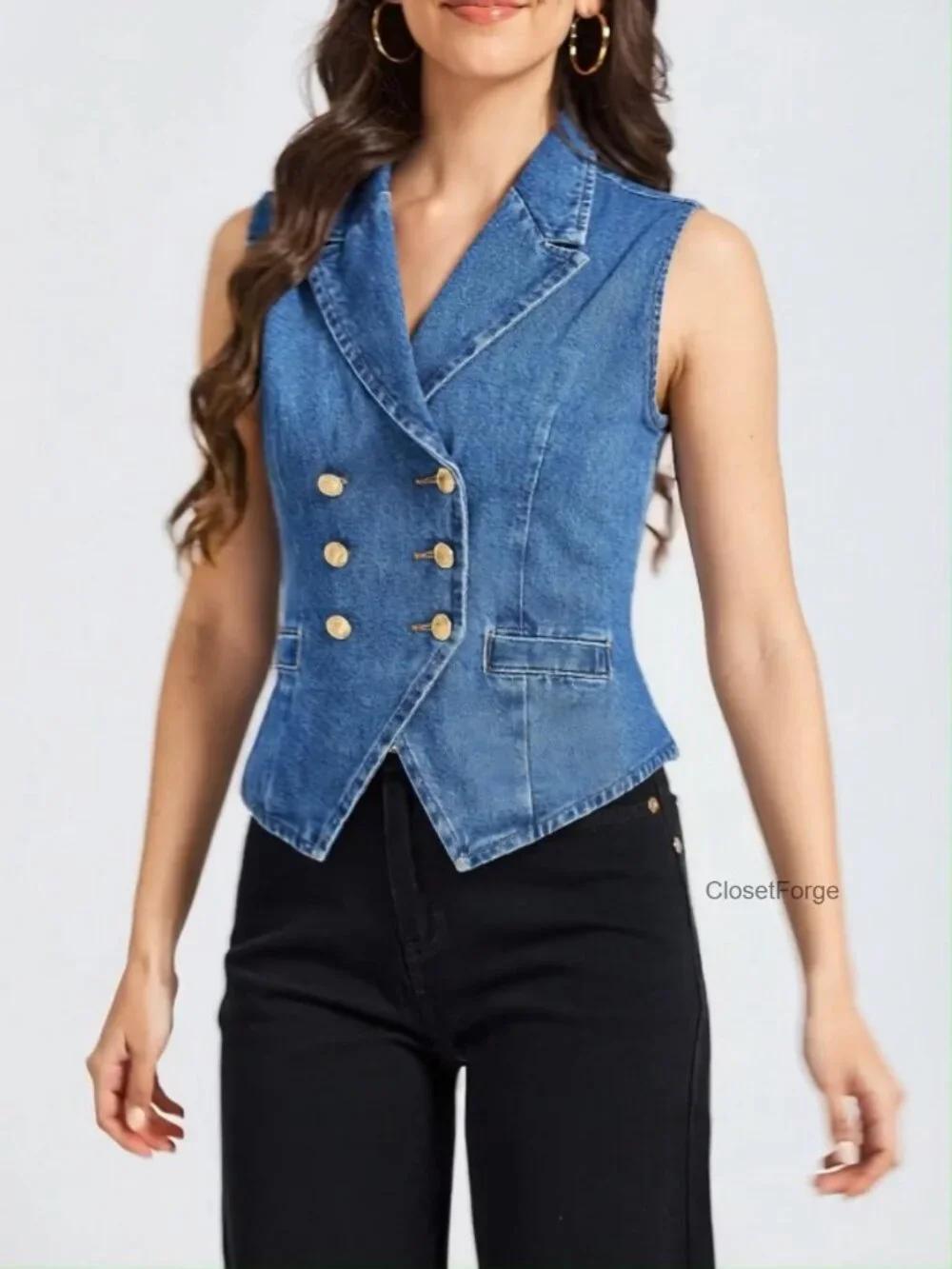 Slim Fit Sleeveless Denim Vest with Lapel Collar and V Hem
